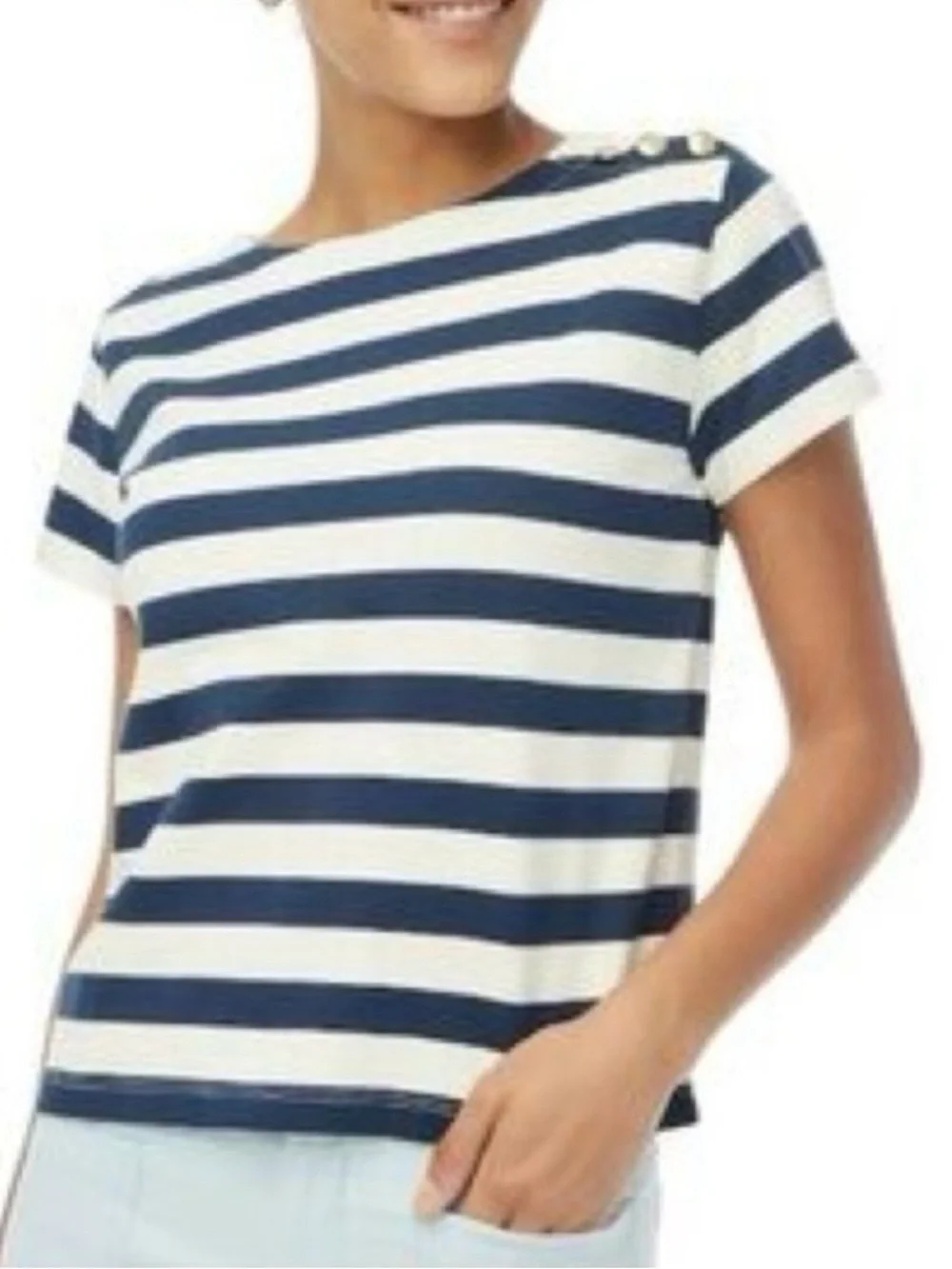 J. Crew Factory Striped Short Sleeve Top Gold Buttons Cotton Navy Blue Size L